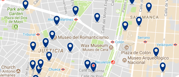 Best areas to stay in Madrid for nightlife - Chueca - Click here to see all hotels on a map