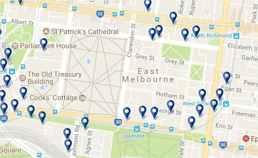 East Melbourne - Click to see all hotels on a map (opens in a new tab)