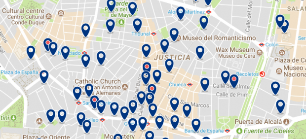 Best areas to stay in Madrid for nightlife - Malasaña - Click here to see all hotels on a map