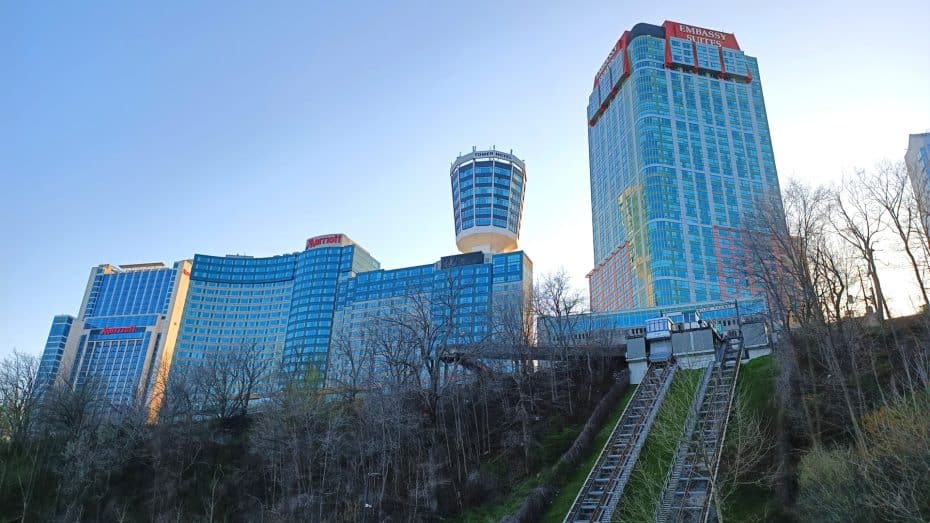 Fallsview is located atop a steep hill and connected to the falls via an incline railway