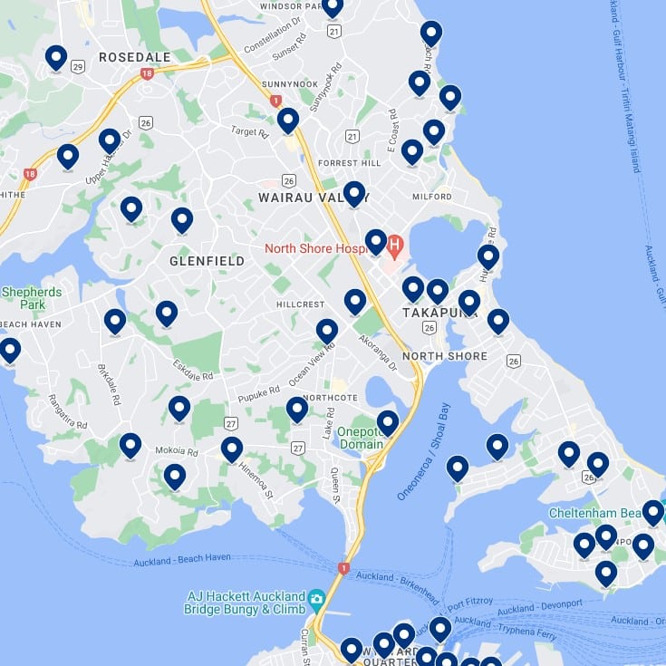 Auckland North Shore:Mapa de alojamiento