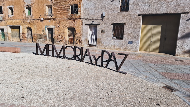 "Memory and Peace" sign at the gates of Old Belchite