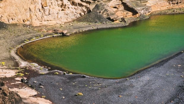Charco Verde, a green, salt-water lagoon in Yaiza, Lanzarote