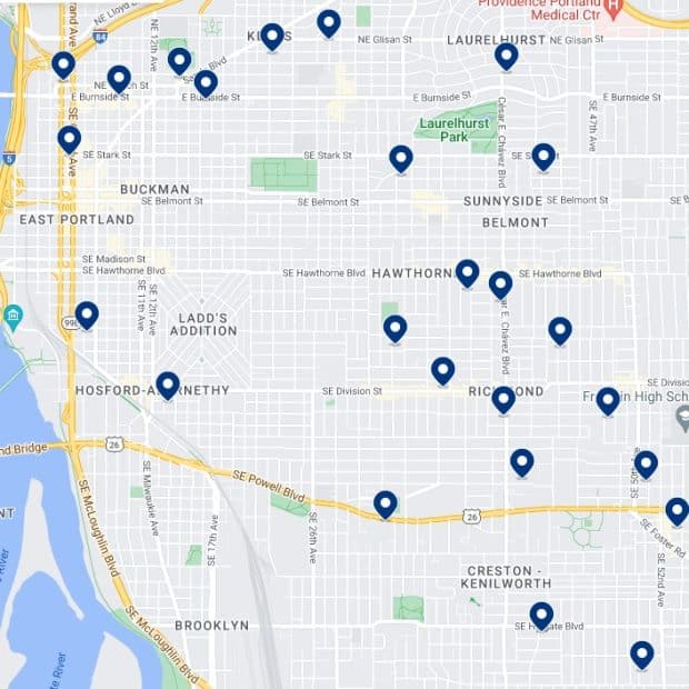 East Portland Accommodation Map