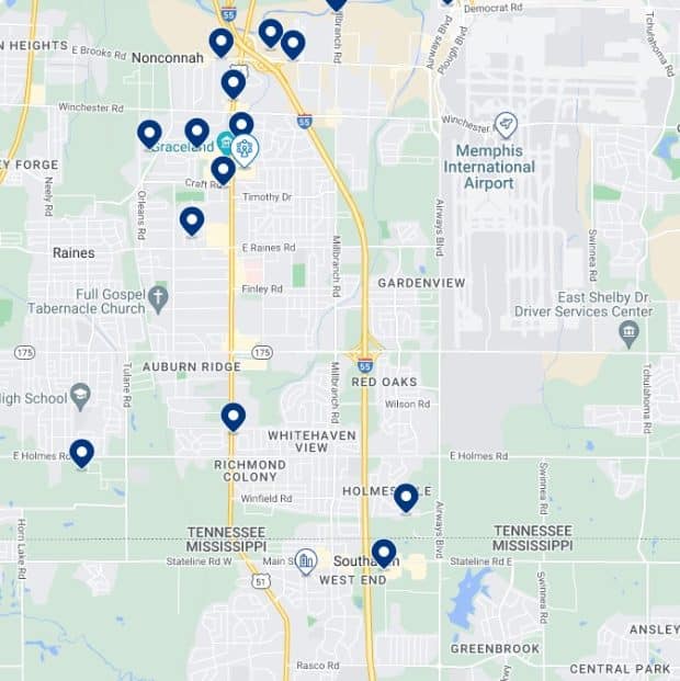 Graceland & Memphis Airport Accommodation Map