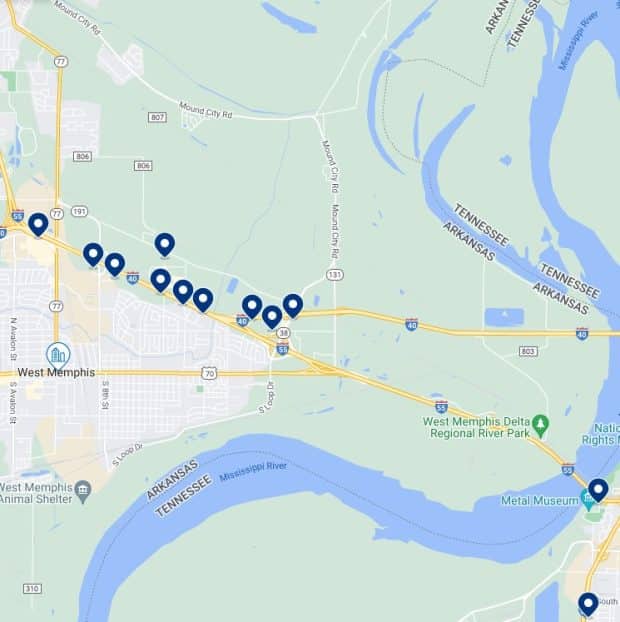 West Memphis Accommodation Map