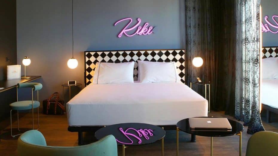 A room at the Axel Hotel asking Alexa to play Let's Have a Kiki, by the Scissor Sisters