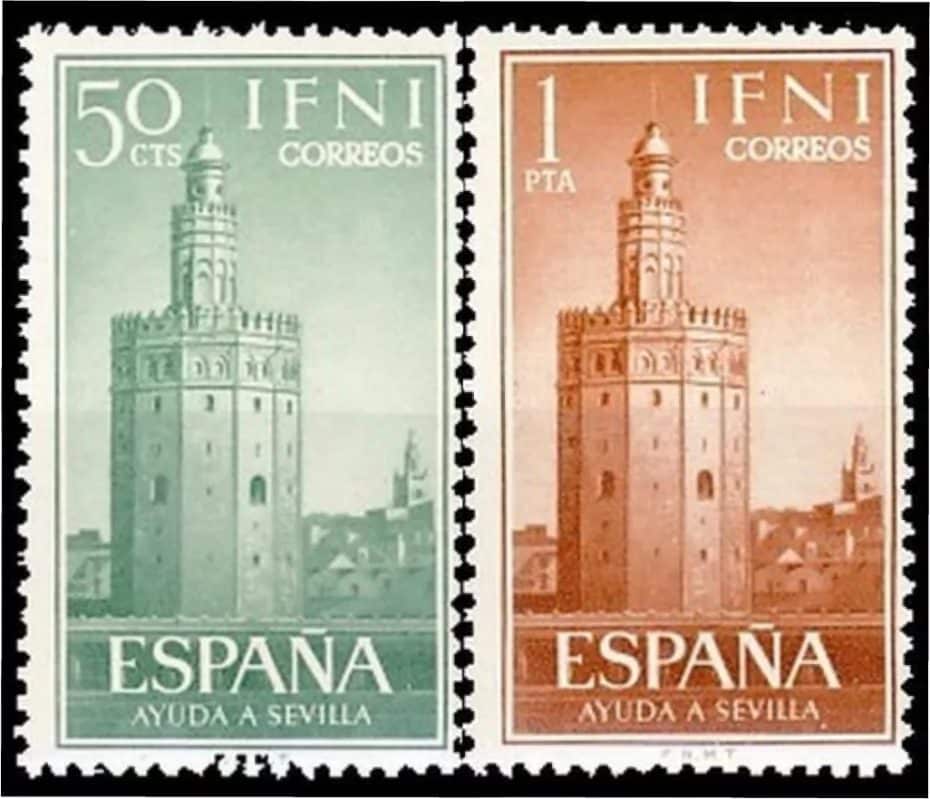 Sello de correos de los años 60 que representa la Torre del Oro