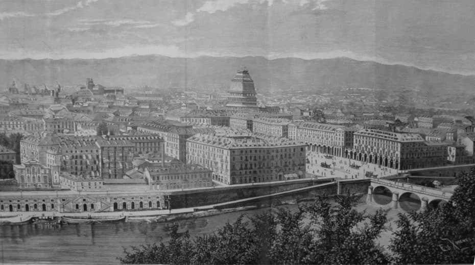 The Mole, under construction, in a view of Turin from 1884