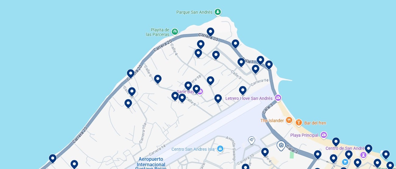 Alloggi nel Nord di San Andrés – Clicca sulla mappa per vedere tutti gli hotel disponibili in questa zona