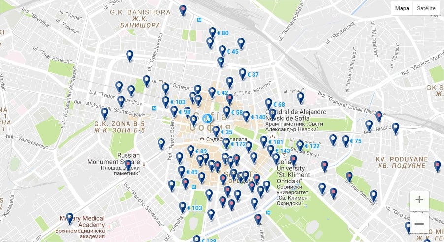 Mapa de alojamientos en Sofía