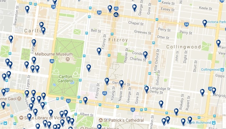 Carlton, Fitzroy & Collingwood - Click to see all hotels on a map (opens in a new tab)