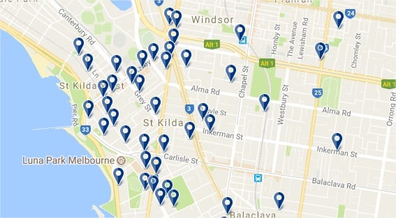 St Kilda - Click to see all hotels on a map (opens in a new tab)