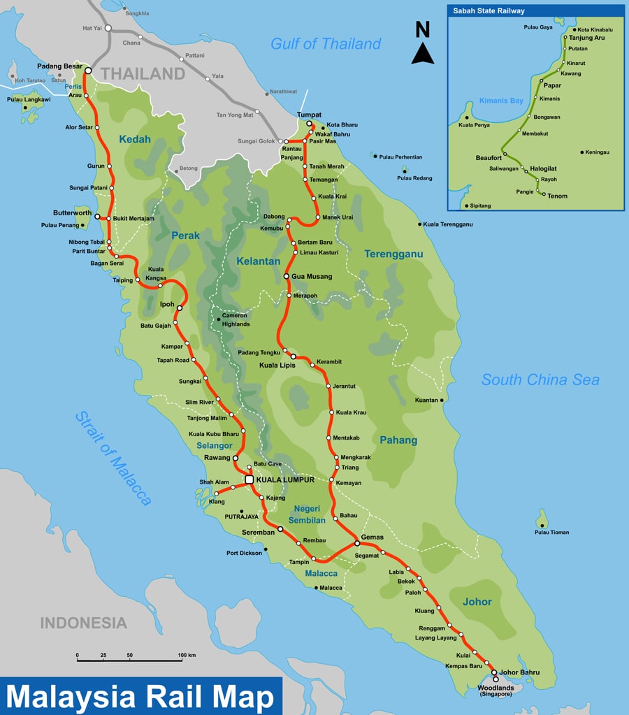 Mapa de líneas de tren en Malasia