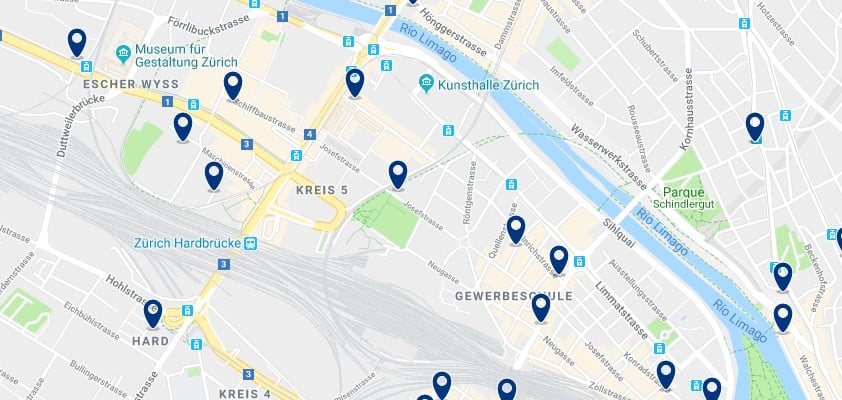 Zürich - Gewerbeschule & Escher Wyss - Click to see all hotels on a map