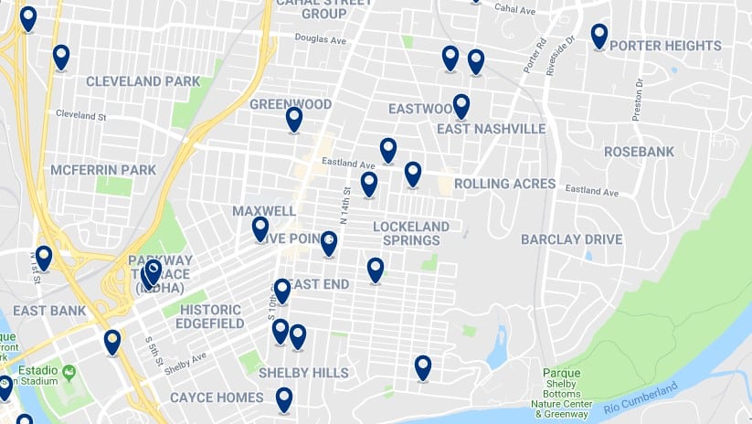 Nashville - East Nashville - Click to see all hotels on a map