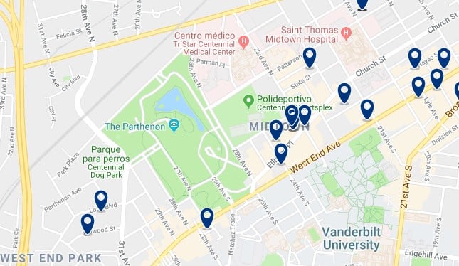 Nashville - West End - Haz clic para ver todos los hoteles en un mapa