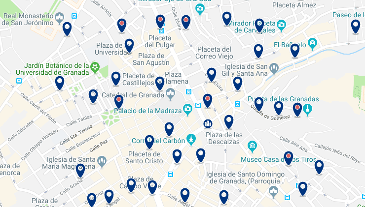 Granada – El Centro – Haz clic para ver todos los hoteles en un mapa
