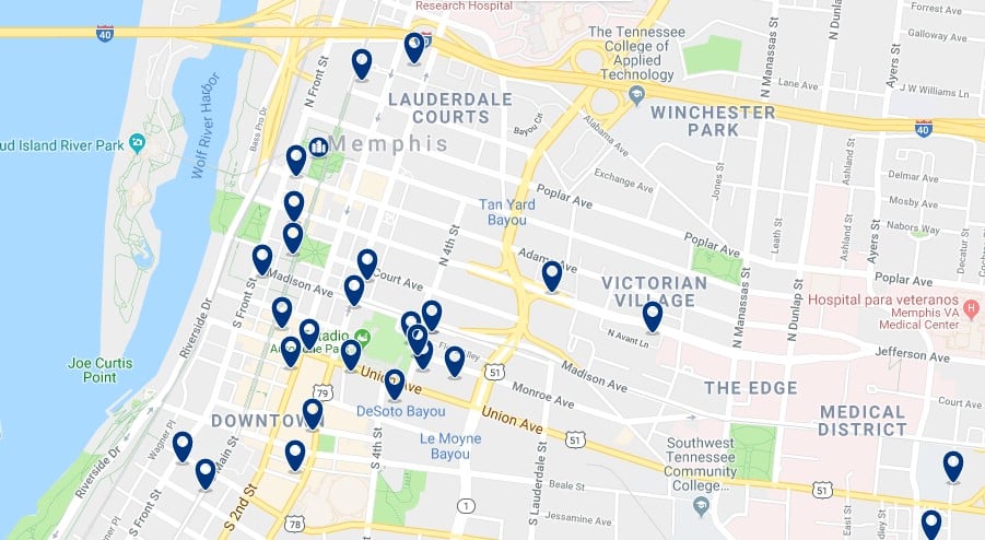 Memphis - Downtown - Haz clic para ver todos los hoteles en un mapa