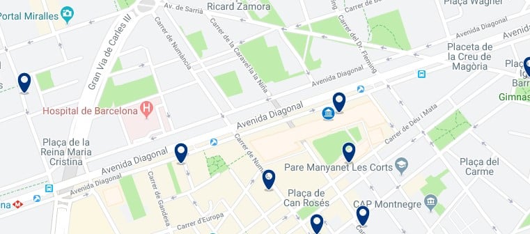 Dónde dormir en Barcelona para vida nocturna - Al norte de la Avenida Diagonal - Haz clic aquí para ver todos los hoteles en un mapa