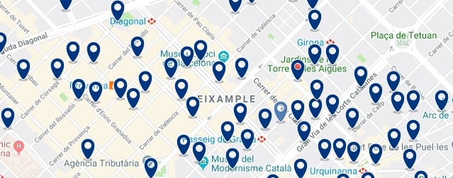 Dónde dormir en Barcelona para vida nocturna - Eixample - Haz clic aquí para ver todos los hoteles en un mapa