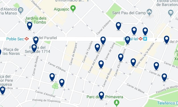 Dónde dormir en Barcelona para vida nocturna - Poble Sec - Haz clic aquí para ver todos los hoteles en un mapa