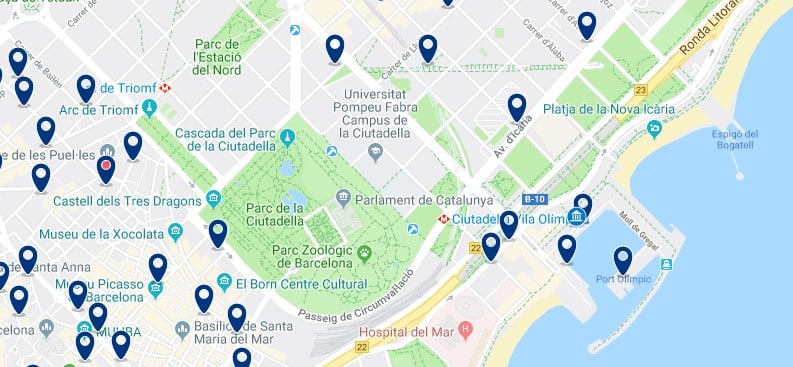 Dónde dormir en Barcelona para vida nocturna - Port Olympic - Haz clic aquí para ver todos los hoteles en un mapa