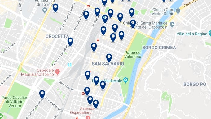 Torino - San Salvario & Parco del Valentino - Clica sobre el mapa para ver todo el alojamiento en esta zona