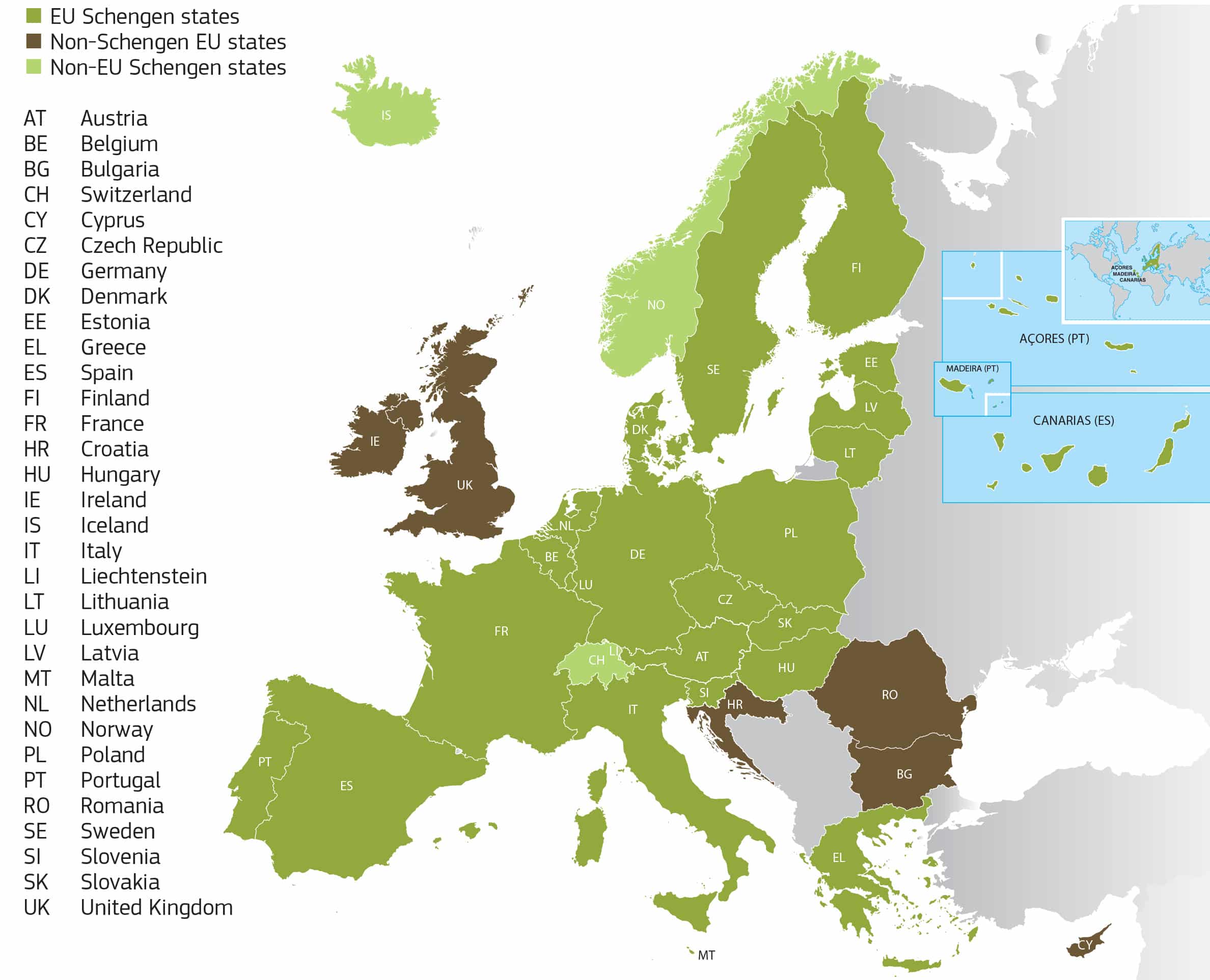 Mapa de países del Área Schengen