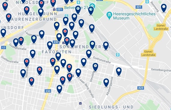 Viena - Favoriten - Clica sobre el mapa para ver todo el alojamiento en esta zona