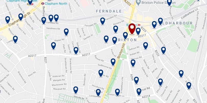 Best areas to stay in London for nightlife - Brixton - Click here to see all hotels on a map