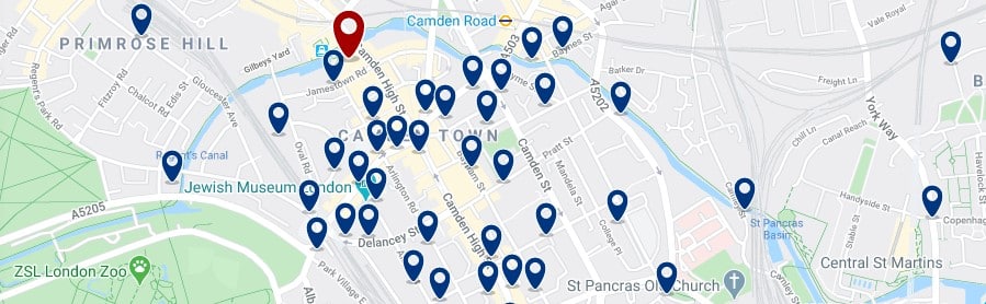 Best areas to stay in London for nightlife - Camden Town - Click here to see all hotels on a map