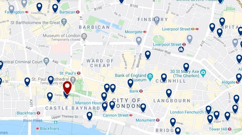 Best areas to stay in London for nightlife - City of London -Click here to see all hotels on a map