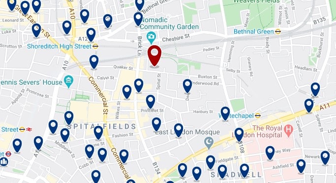 Dónde dormir en Londres para vida nocturna - Shoreditch - Haz clic aquí para ver todos los hoteles en un mapa