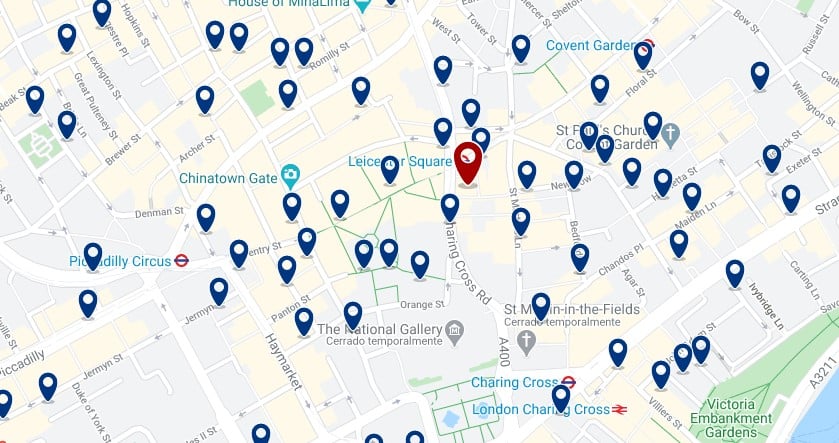 Best areas to stay in London for nightlife - West End - Click here to see all hotels on a map