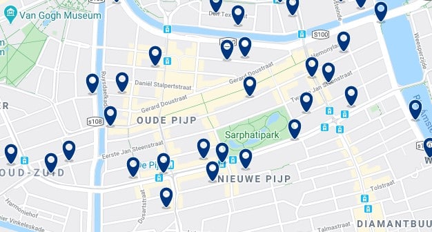 Dónde dormir en Ámsterdam para vida nocturna - De Pijp -Haz clic aquí para ver todos los hoteles en un mapa