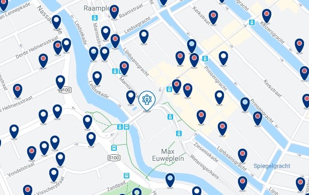 Dónde dormir en Ámsterdam para vida nocturna – Leidseplein – Haz clic aquí para ver todos los hoteles en un mapa