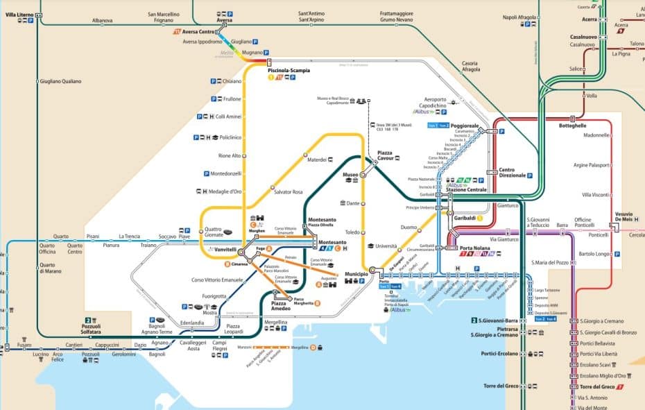 Mapa del metro de Nápoles y otros medios de transporte en Nápoles, Italia - Haz click para ampliar